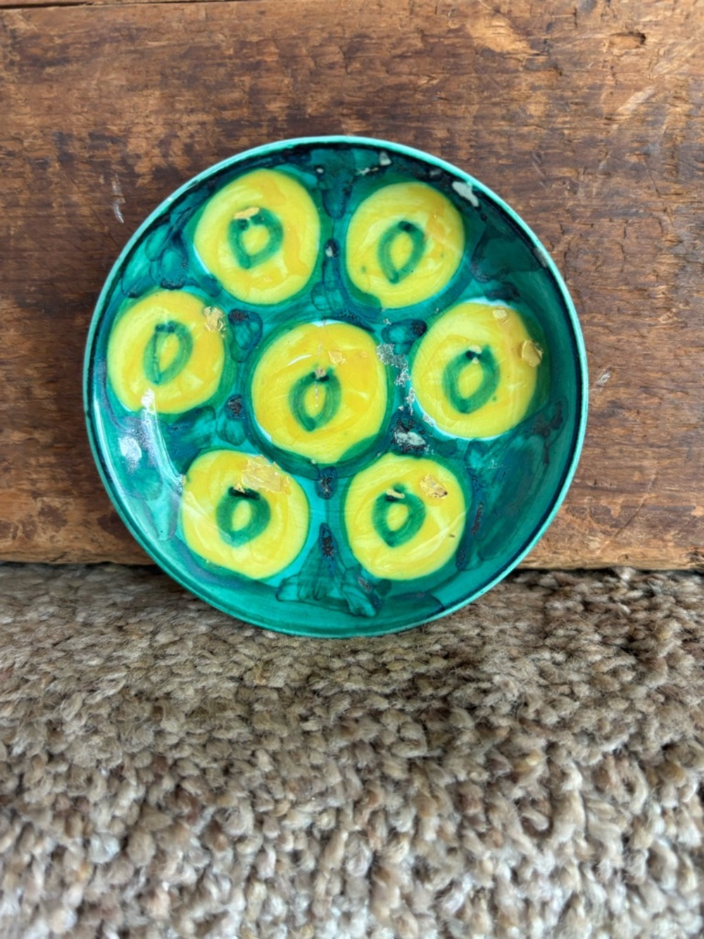 Hand-Painted Ceramic Dish in Teal and Yellow